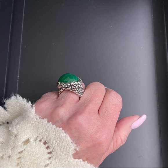 Sterling Silver Chunky Bezel set Faceted Green Onyx Floral 926 Stamped Ring - Picture 10 of 12